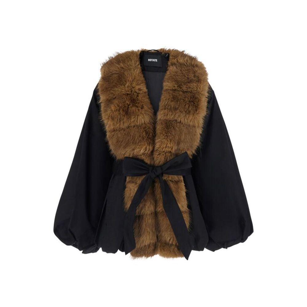 Rotate Women Black Jacket With Front Belt In Ecofur For Women
